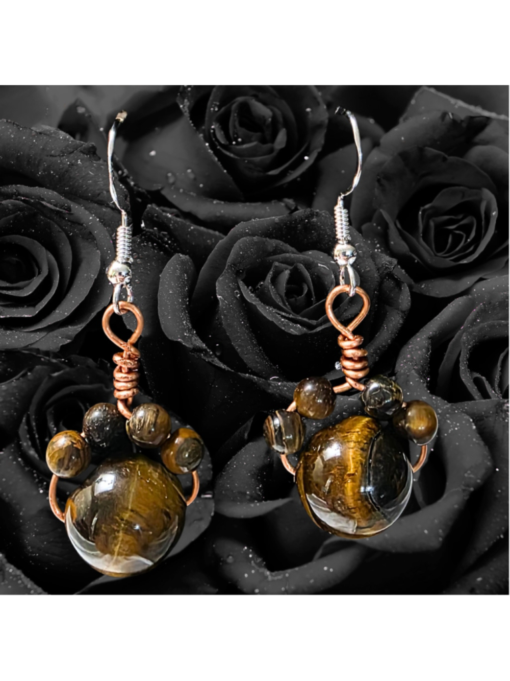 Tiger’s Eye Cat Paw Earrings, Wire Wrapped Copper Jewelry, Sterling Silver Hooks